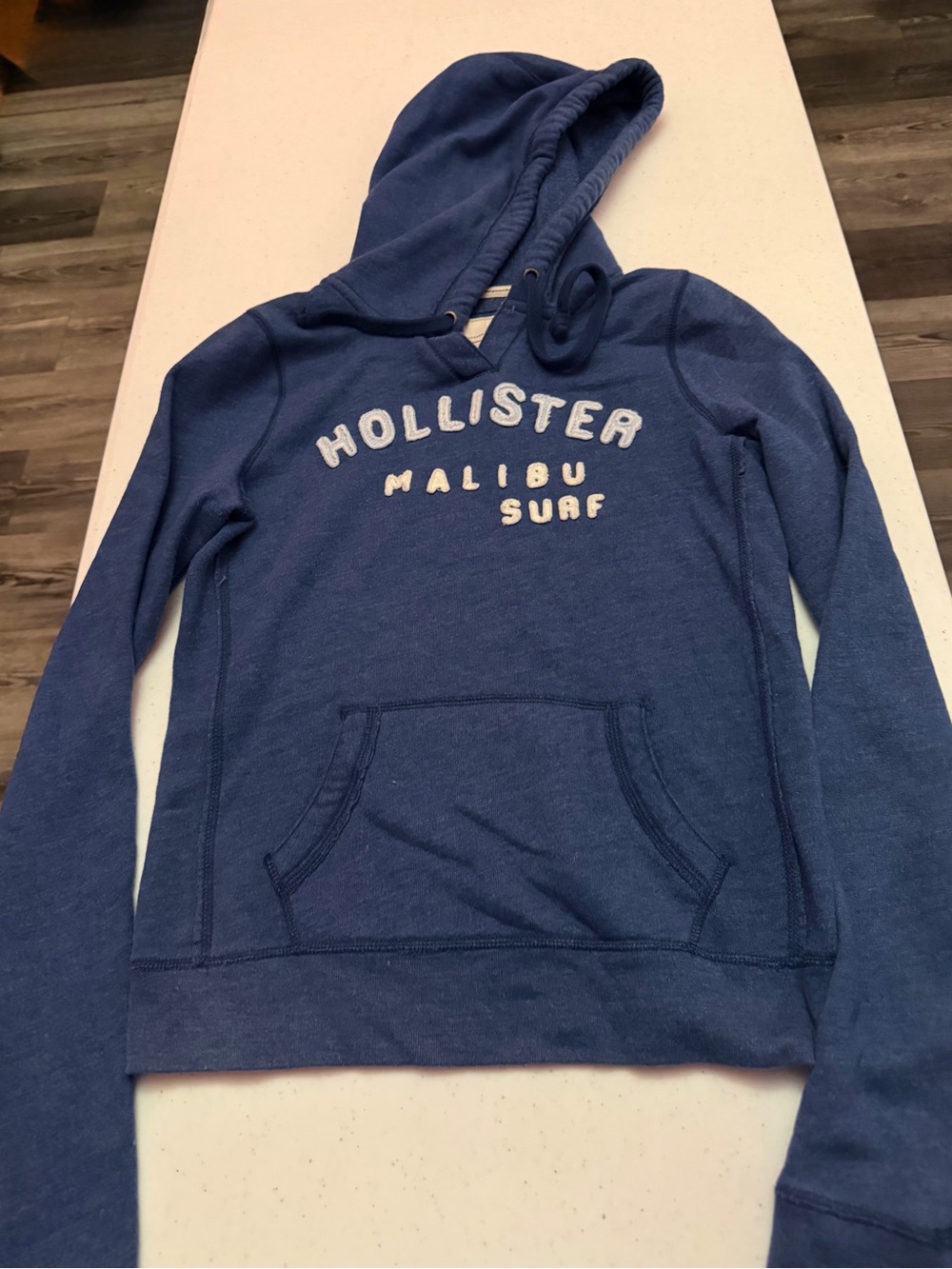Hollister Navy Blue Pullover Hoodie with Embroidered Malibu Surf